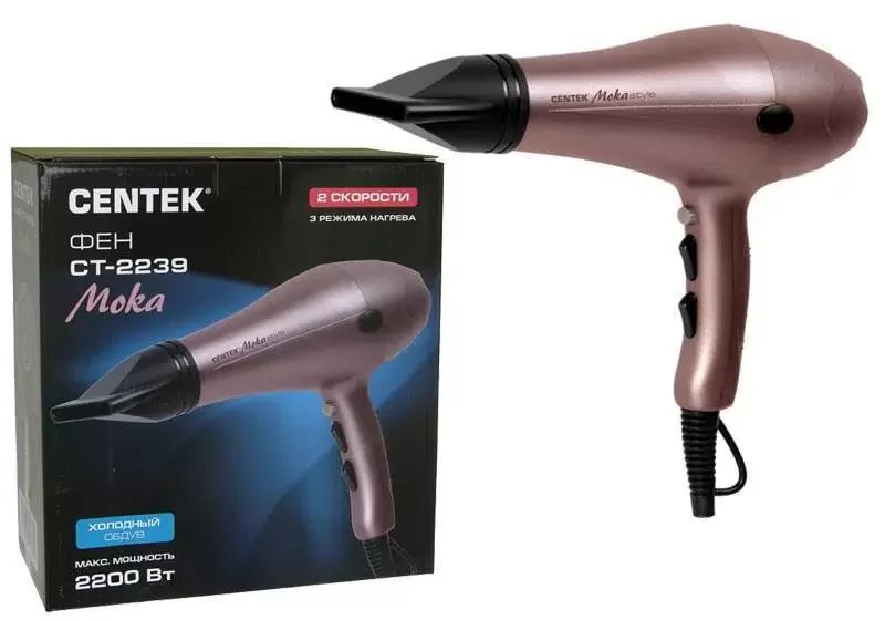 Фен Centek CT-2239 Moka 2200Вт, 2 скорости, 3 режима, холодный обдув, концентратор