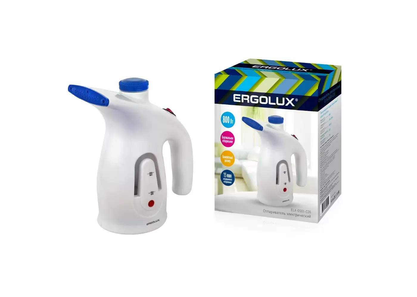 Отпариватель Ergolux ELX-GS01-С35 белый/синий, 800 Вт, 98 г/мин, 200 мл