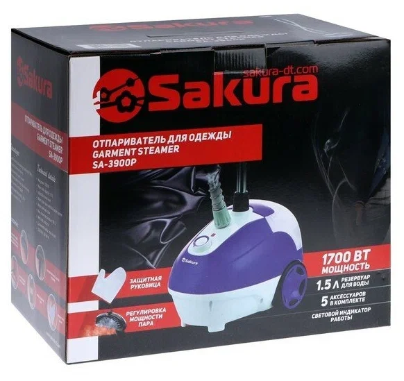 Отпариватель Sakura SA-3900P белый/фиолетовый, 1700 Вт, 30 г/мин, 1500 мл