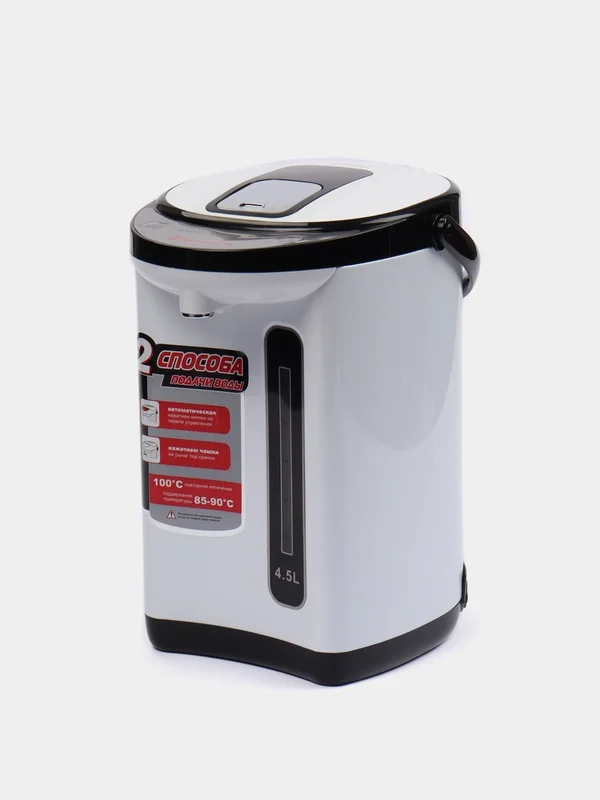 Термопот Sakura SA-314WB Мощность 750Вт. Объем 4,5л. Тип управления: кнопочный. 2 способа подачи воды. Материал колбы и корпуса - нерж. сталь. С функц