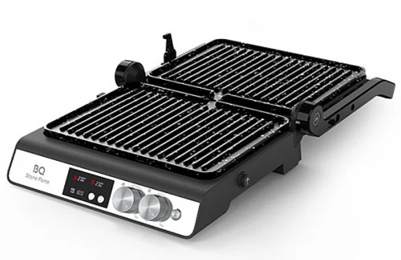 Гриль электрический BQ GR3002 черный/стальной. Мощность:2000 Вт/STONE Non-Stick Мраморное антипригарное покрытие/Съемные панели легкая очистка/3 в 1 г