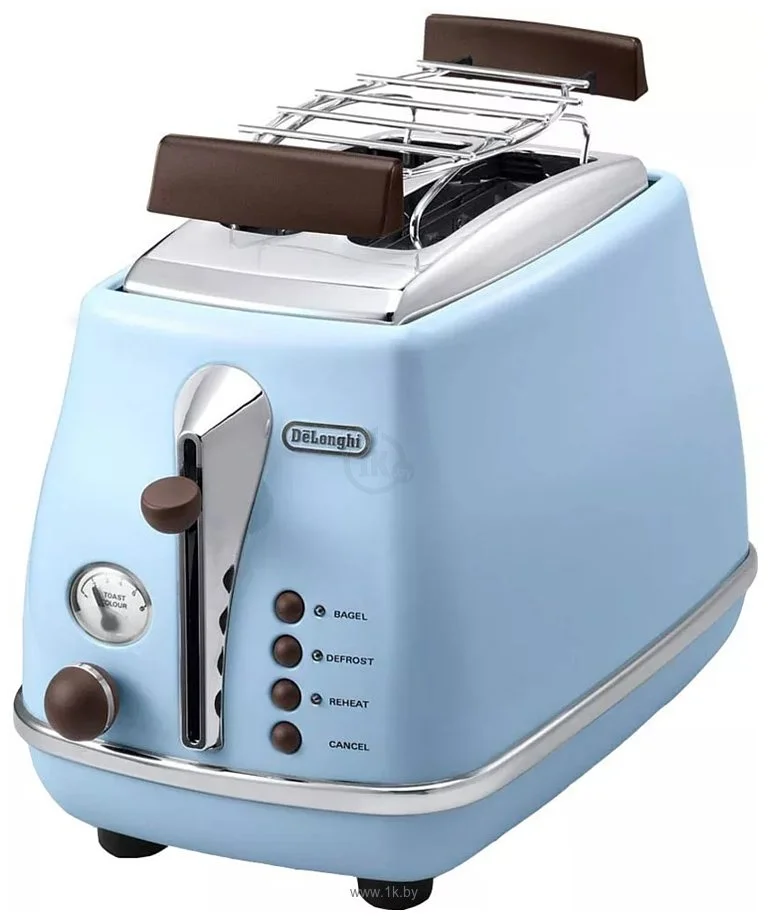Тостер DeLonghi CTOV 2103.AZ, 900 Вт, на 2 тоста, разморозка, обжаривание, решетка для подогрева, поддон, голубой