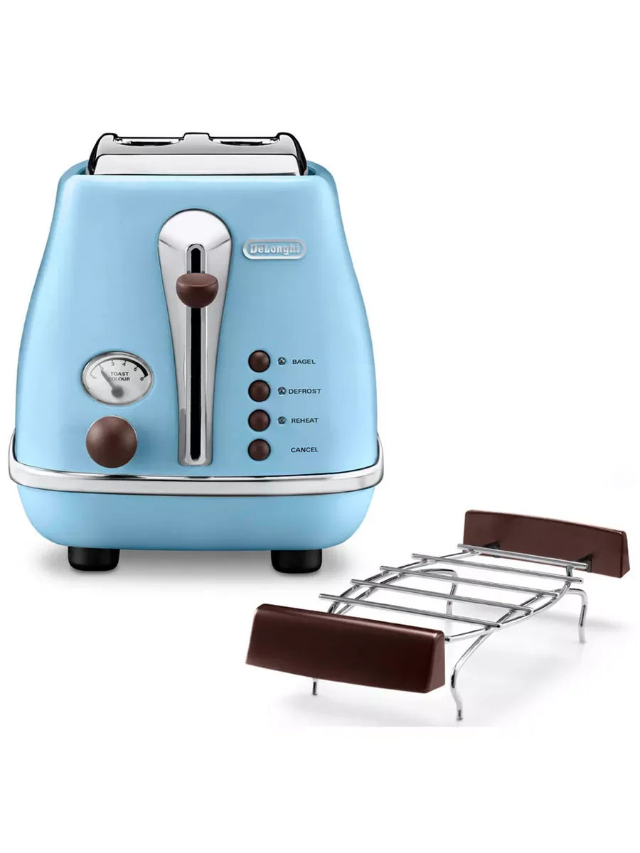 Тостер DeLonghi CTOV 2103.AZ, 900 Вт, на 2 тоста, разморозка, обжаривание, решетка для подогрева, поддон, голубой