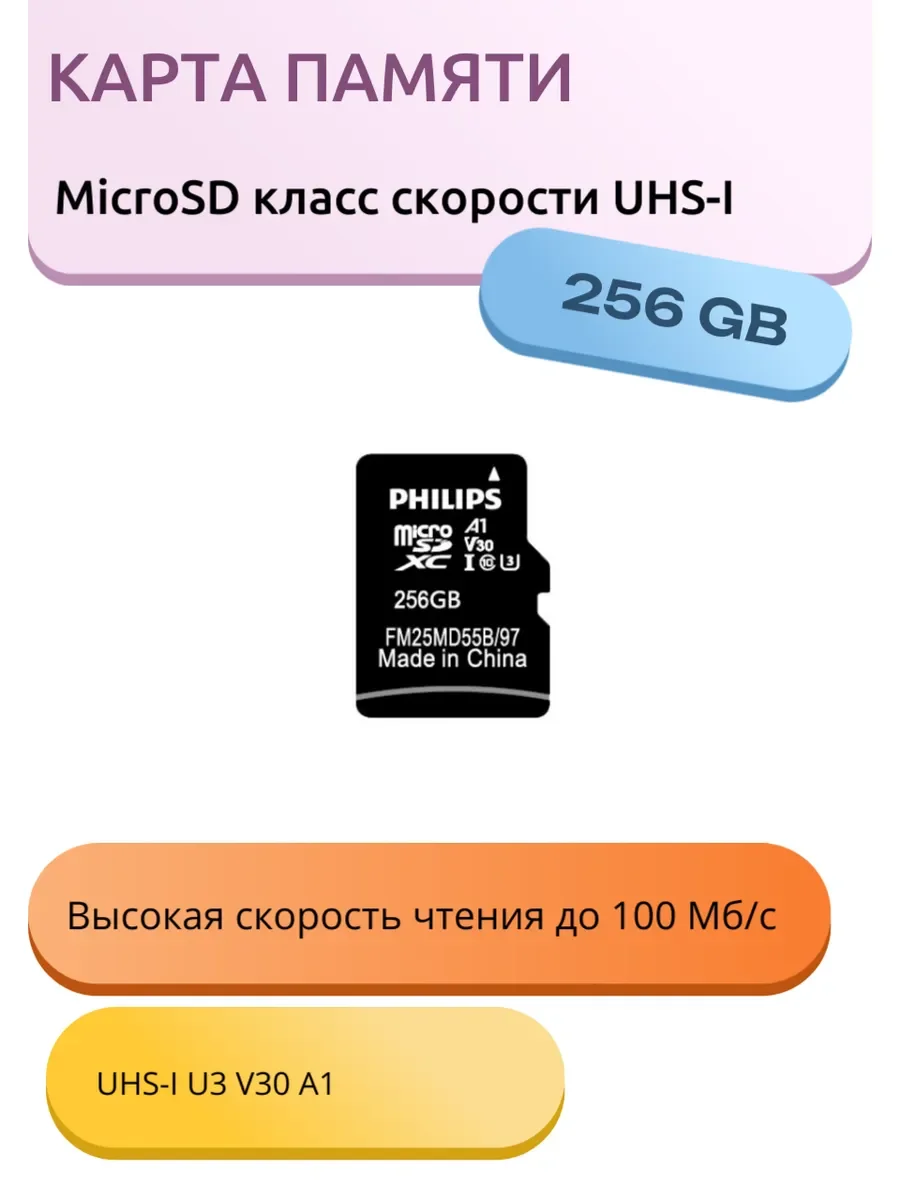 Флеш карта microSD 256GB PHILIPS High Speed  microSDHC Class UHS-I U3, V30, A1, 100MB/s