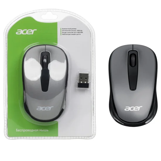 Мышь беспроводная Acer OMR134 серый, 1000 dpi, радиоканал, USB, кнопки - 3