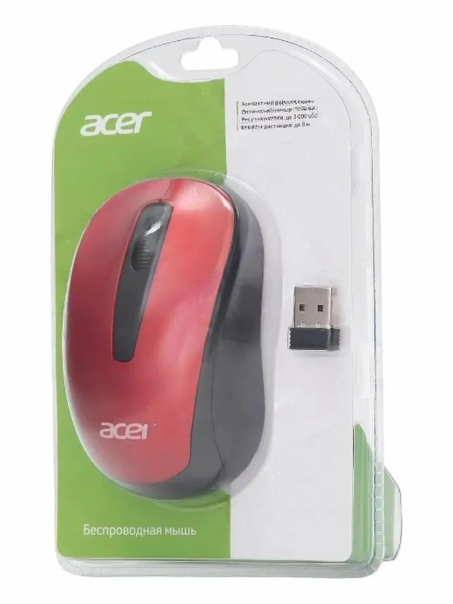 Мышь беспроводная Acer OMR136 красный, 1000 dpi, радиоканал, USB, кнопки - 3