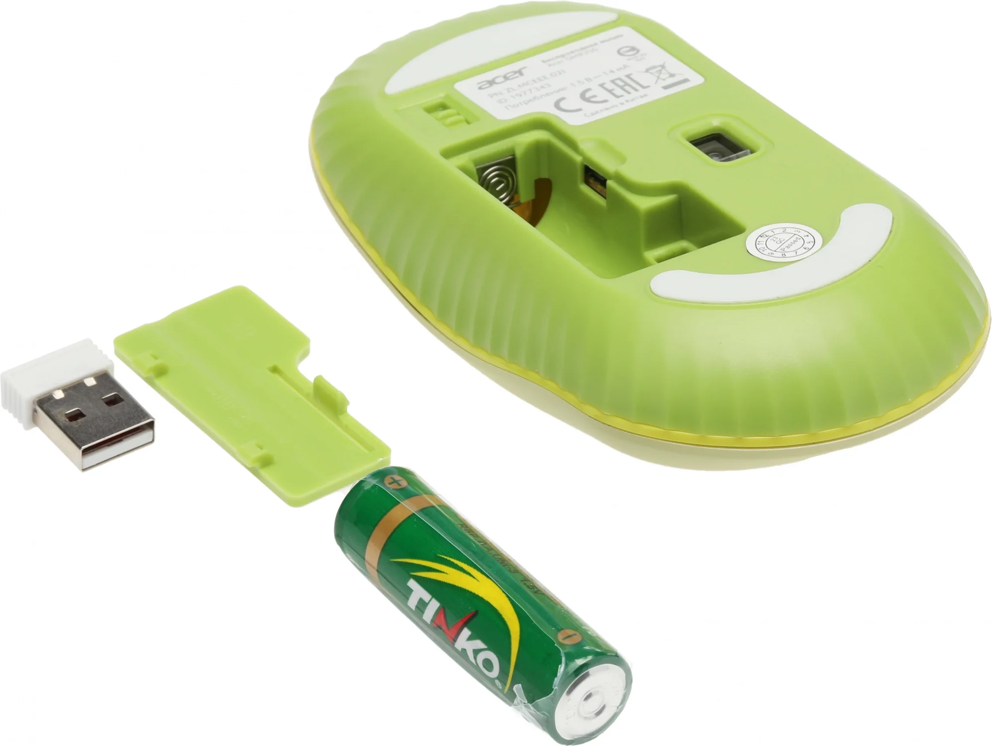 Мышь беспроводная Acer OMR205 зеленый/желтый, 1200 dpi, радиоканал, USB, кнопки - 3