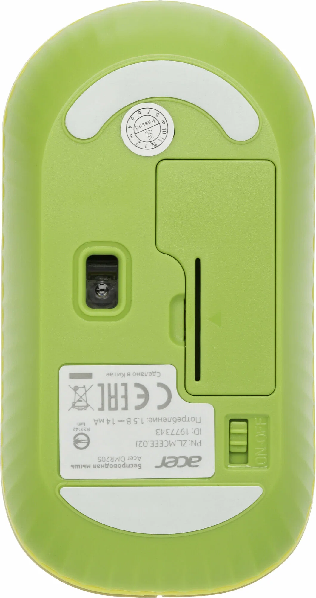 Мышь беспроводная Acer OMR205 зеленый/желтый, 1200 dpi, радиоканал, USB, кнопки - 3