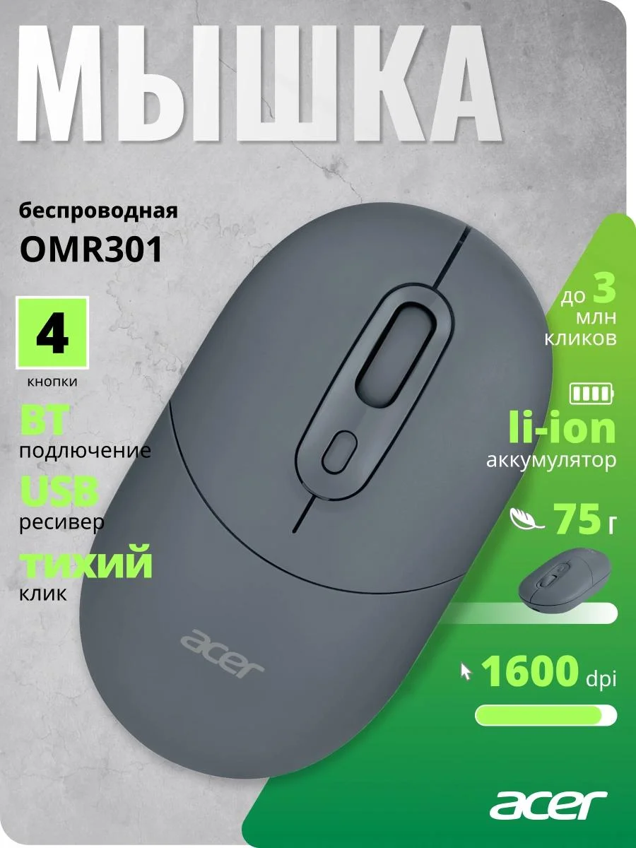 Мышь беспроводная Acer OMR301 черный, 1600 dpi, радиоканал, Bluetooth, USB, кнопки - 4