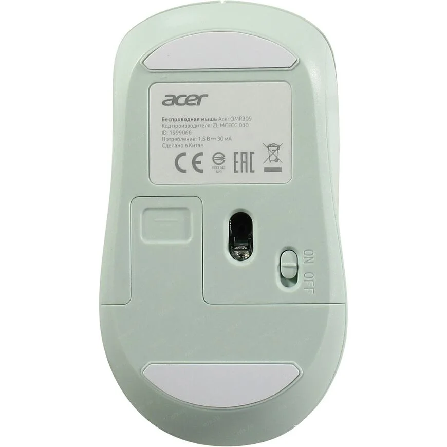 Мышь беспроводная Acer OMR309 зеленый, 1600 dpi, радиоканал, USB, кнопки - 4
