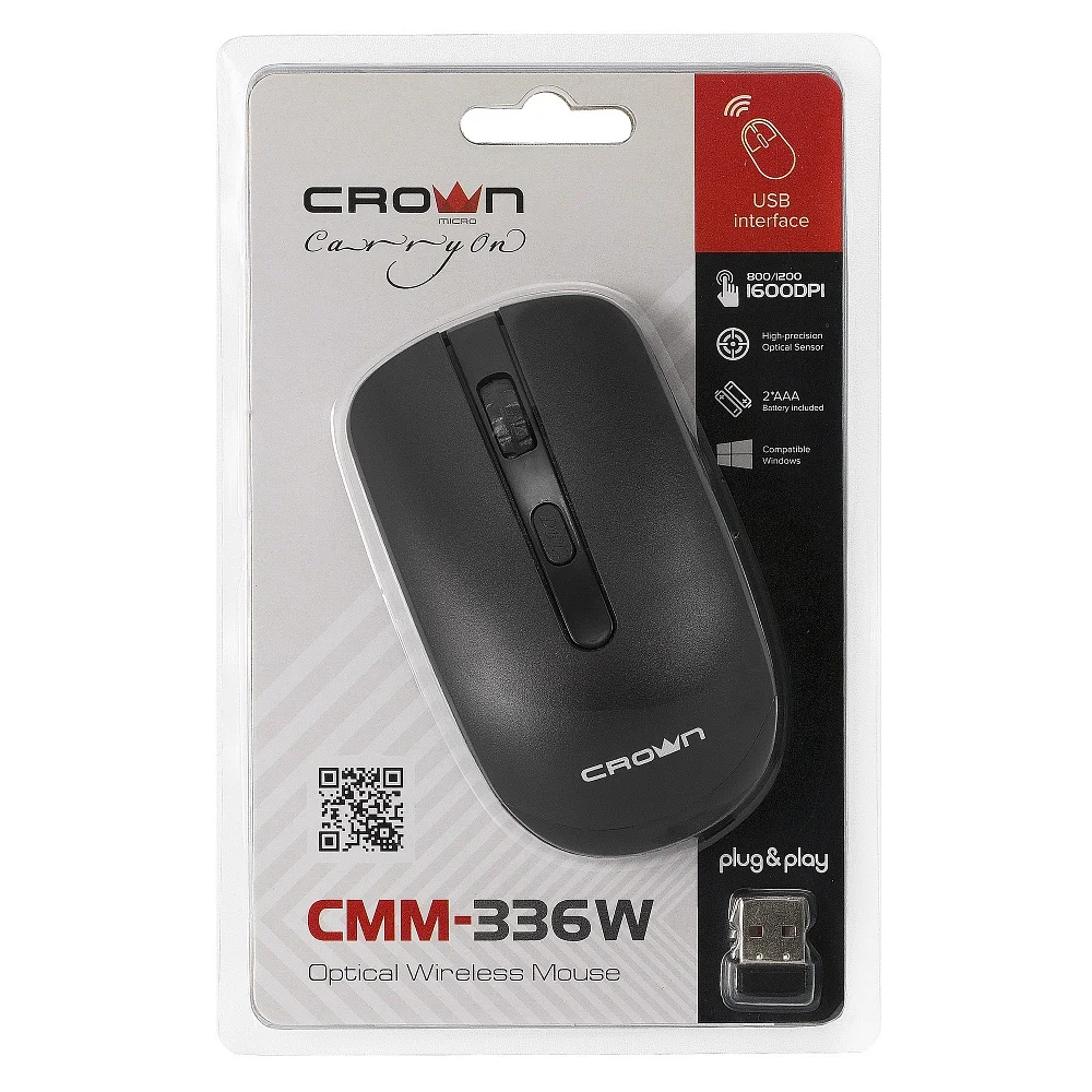 Мышь беспроводная Crown CMM-336W черный, 1600 dpi, радиоканал, USB, кнопки - 4