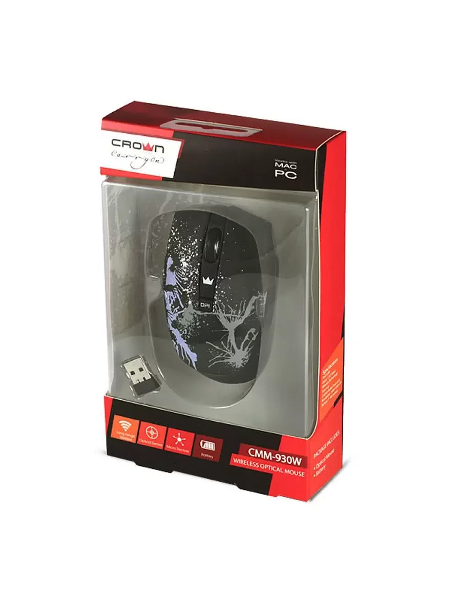 Мышь беспроводная Crown CMM-930W черный, 1600 dpi, радиоканал, USB, кнопки - 4