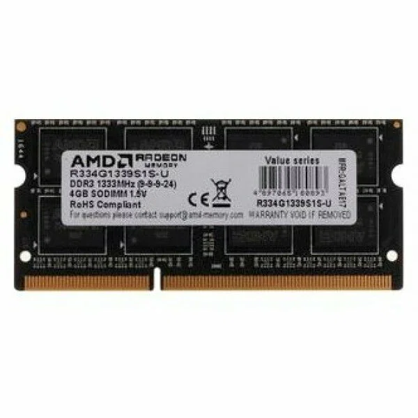 Оперативная память AMD Radeon R5, DDR3L, 4GB (1x4GB), 1600MHz, CL11, SO-DIMM, OEM