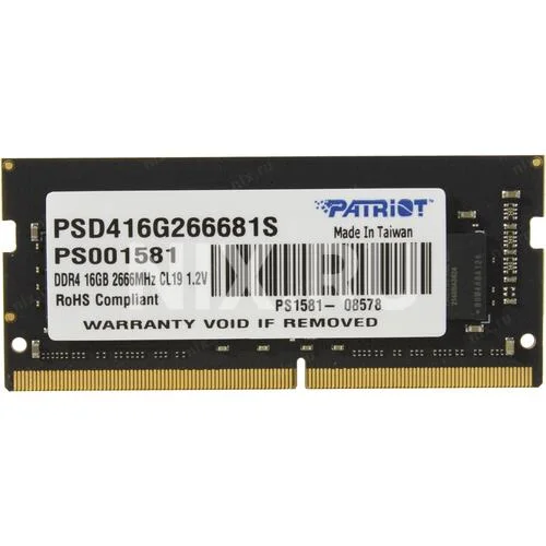 Оперативная память Patriot Signature, DDR4, 16GB (1x16 GB), 2666 MHz, CL19, SO-DIMM