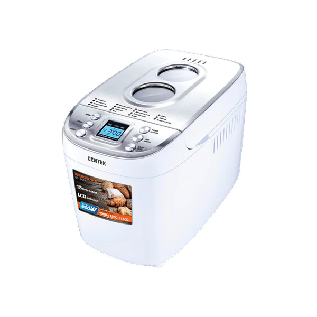 Хлебопечка Centek CT-1415 (бел/сталь) 1500 г БОЛЬШОЙ ОБЪЕМ, 860Вт, 15 программ, таймер, LCD, окошко