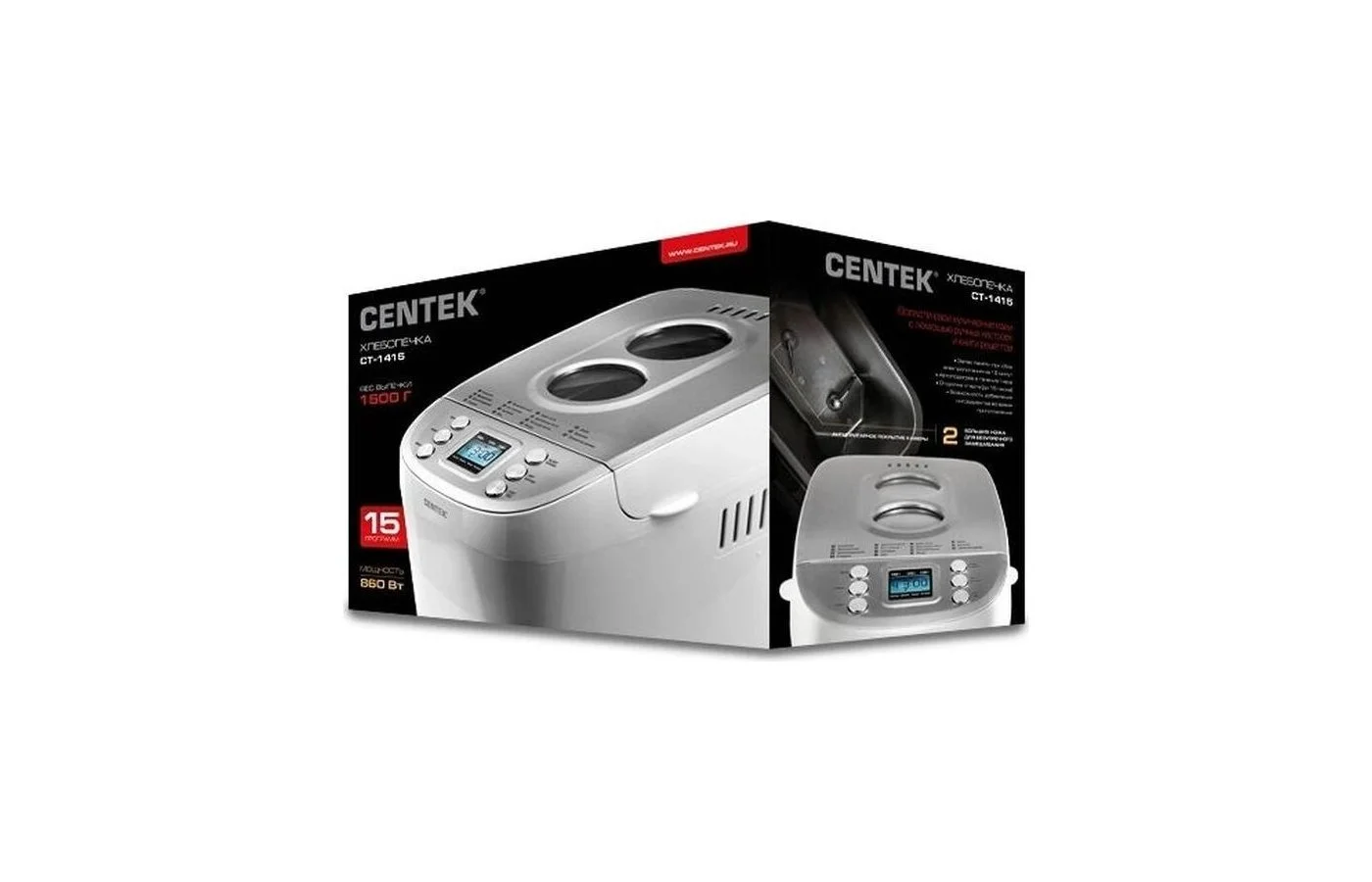 Хлебопечка Centek CT-1415 (бел/сталь) 1500 г БОЛЬШОЙ ОБЪЕМ, 860Вт, 15 программ, таймер, LCD, окошко