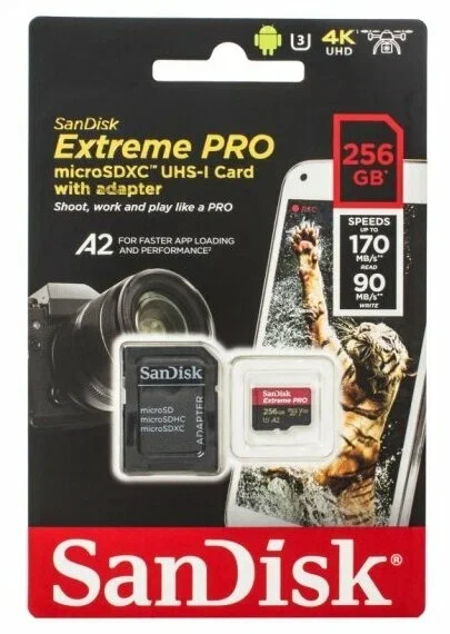 Флеш карта microSD 256GB SanDisk microSDXC Class 10 UHS-I A2 C10 V30 U3 Extreme Pro (SD адаптер) 200MB/s