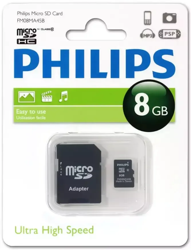 Флеш карта microSD 8GB PHILIPS microSDHC Class 10 (SD адаптер)