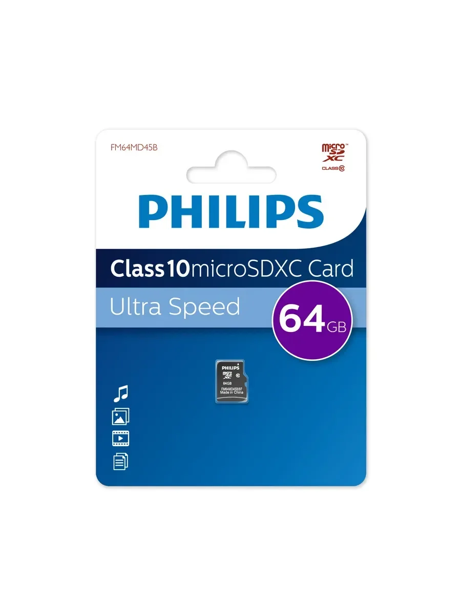 Флеш карта microSD 64GB PHILIPS microSDHC Class 10 (SD адаптер)