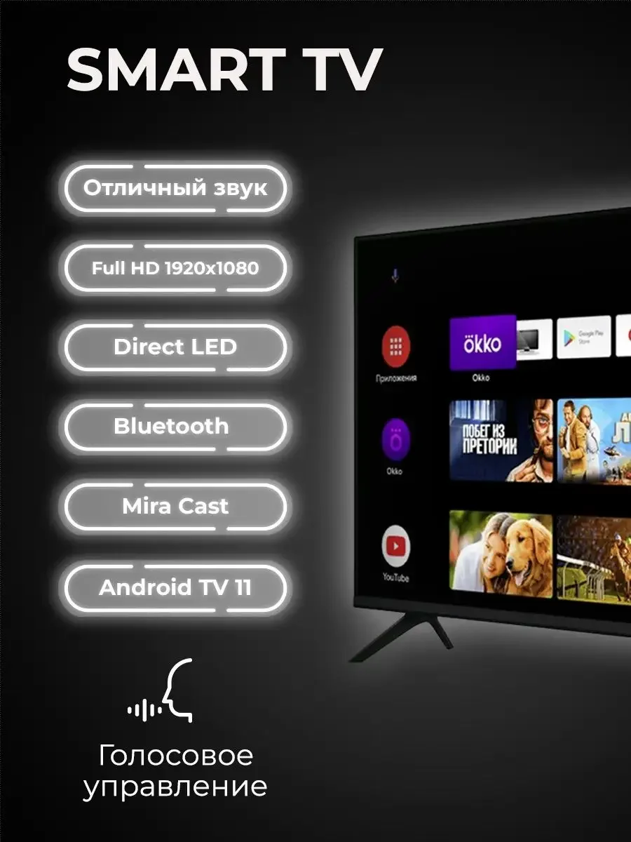 Телевизор LED 32" КТВ Q90 35 1920х1080 Full HD Smart, андроид 14, Блютуз, голосовое упр. пульта.