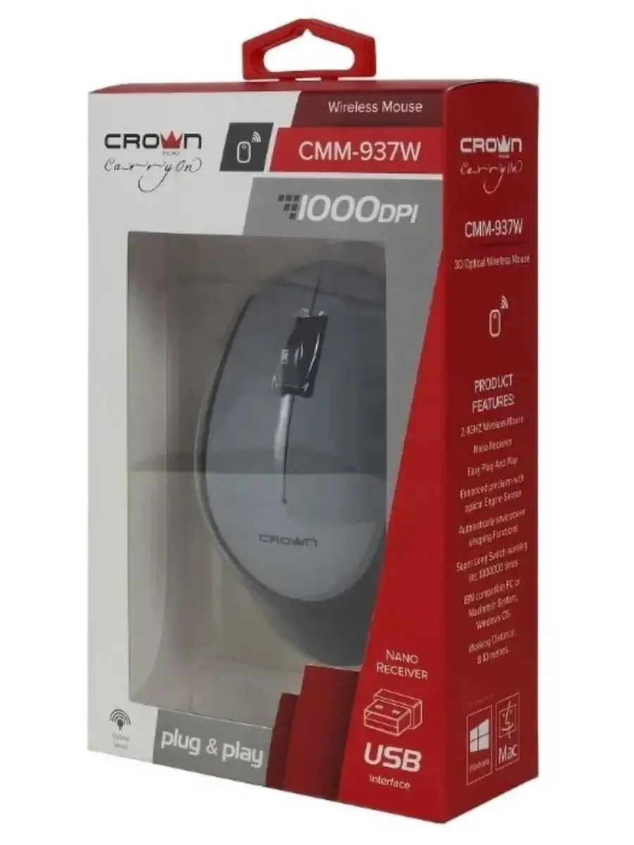 Мышь беспроводная CROWN CMM-937W чёрный/серый, 1000 dpi, USB Type-A, радиоканал, кнопки - 3