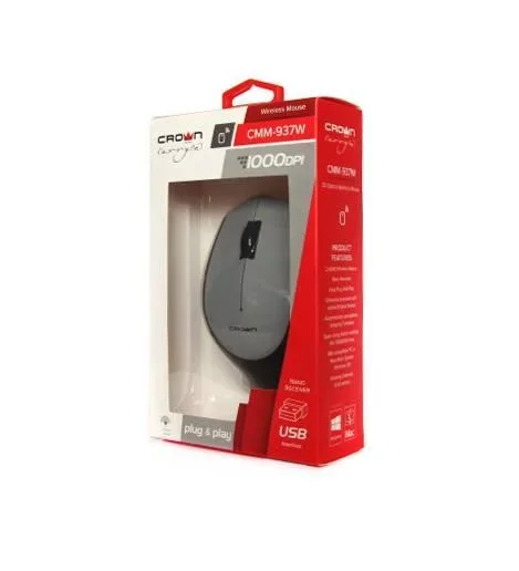 Мышь беспроводная CROWN CMM-937W чёрный/серый, 1000 dpi, USB Type-A, радиоканал, кнопки - 3