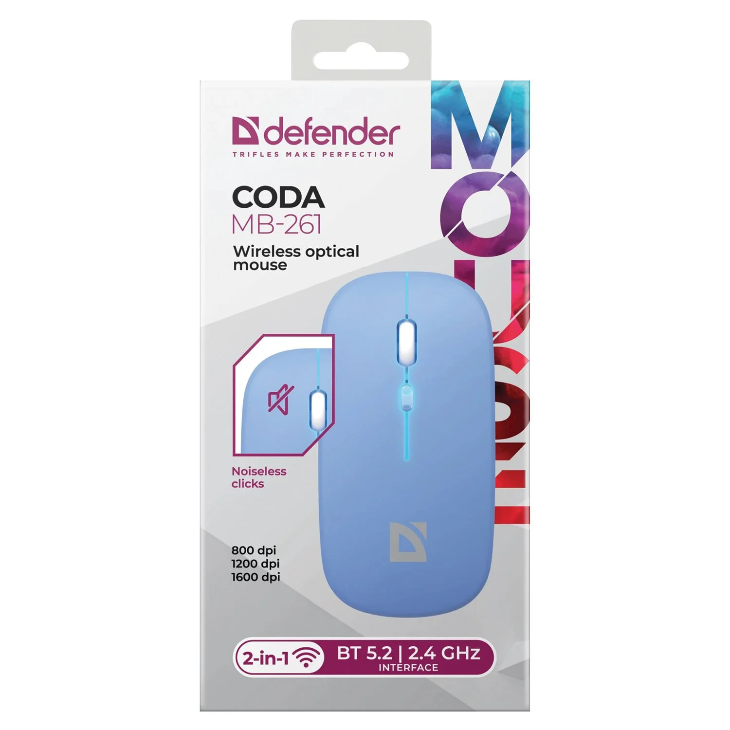 Мышь беспроводная Defender Coda MB-261 голубой, 1600 dpi, радиоканал, Bluetooth, USB, кнопки - 4