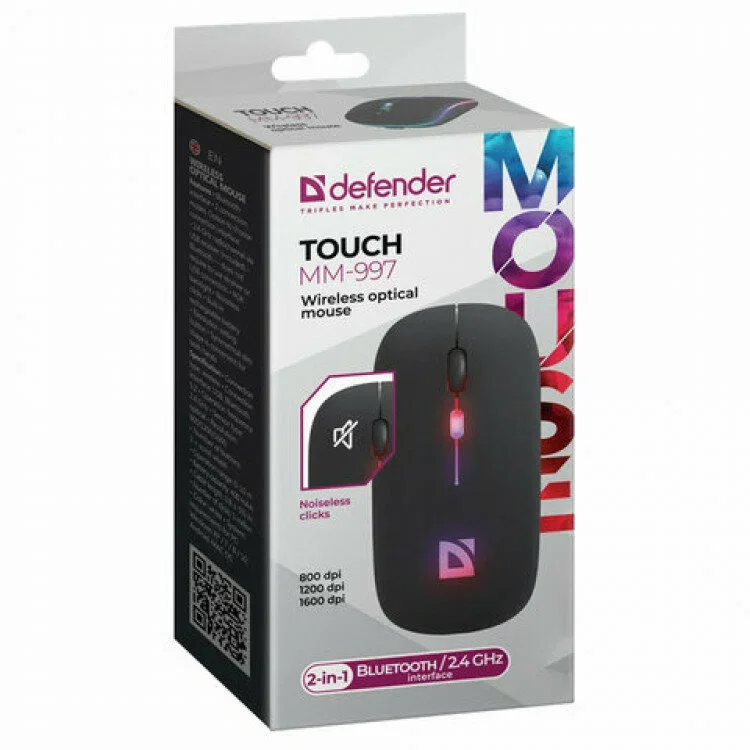 Мышь беспроводная Defender Coda MB-261 черный, 1600 dpi, радиоканал, Bluetooth, USB, кнопки - 4