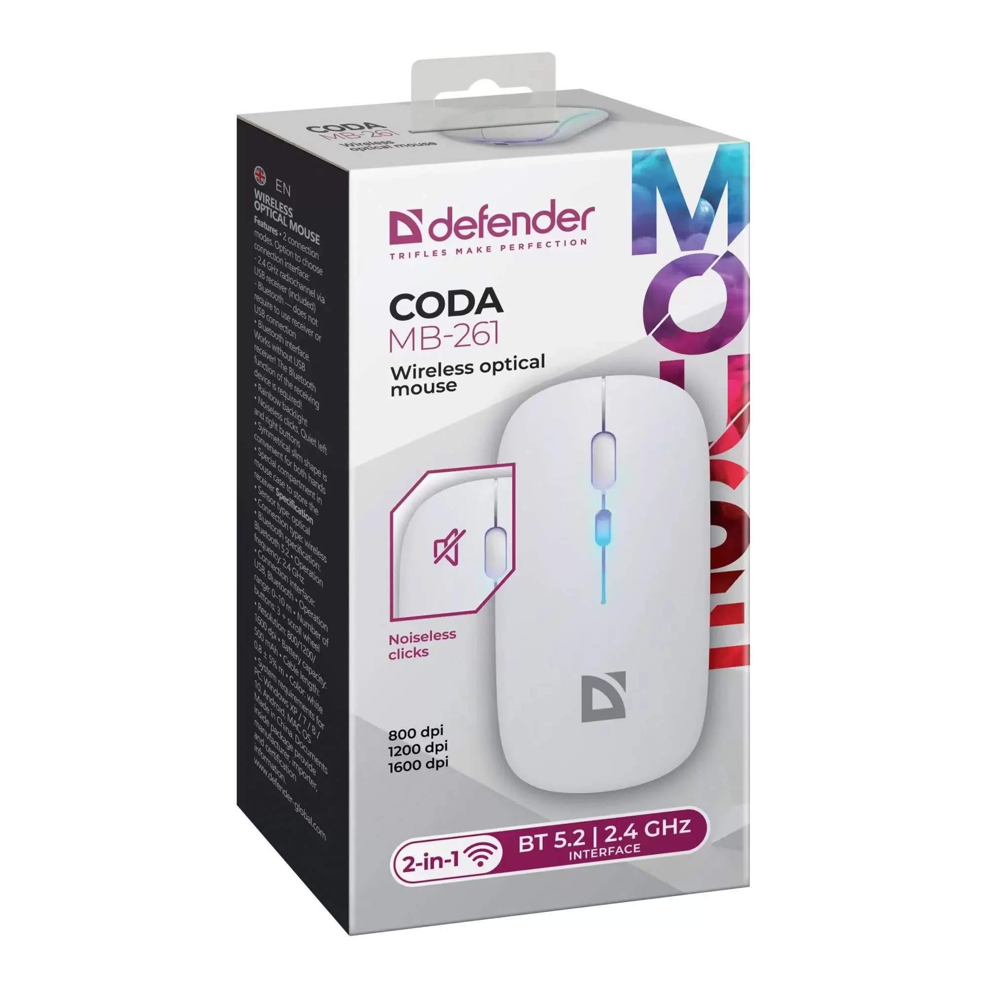 Мышь беспроводная Defender Coda MB-261 черный, 1600 dpi, радиоканал, Bluetooth, USB, кнопки - 4