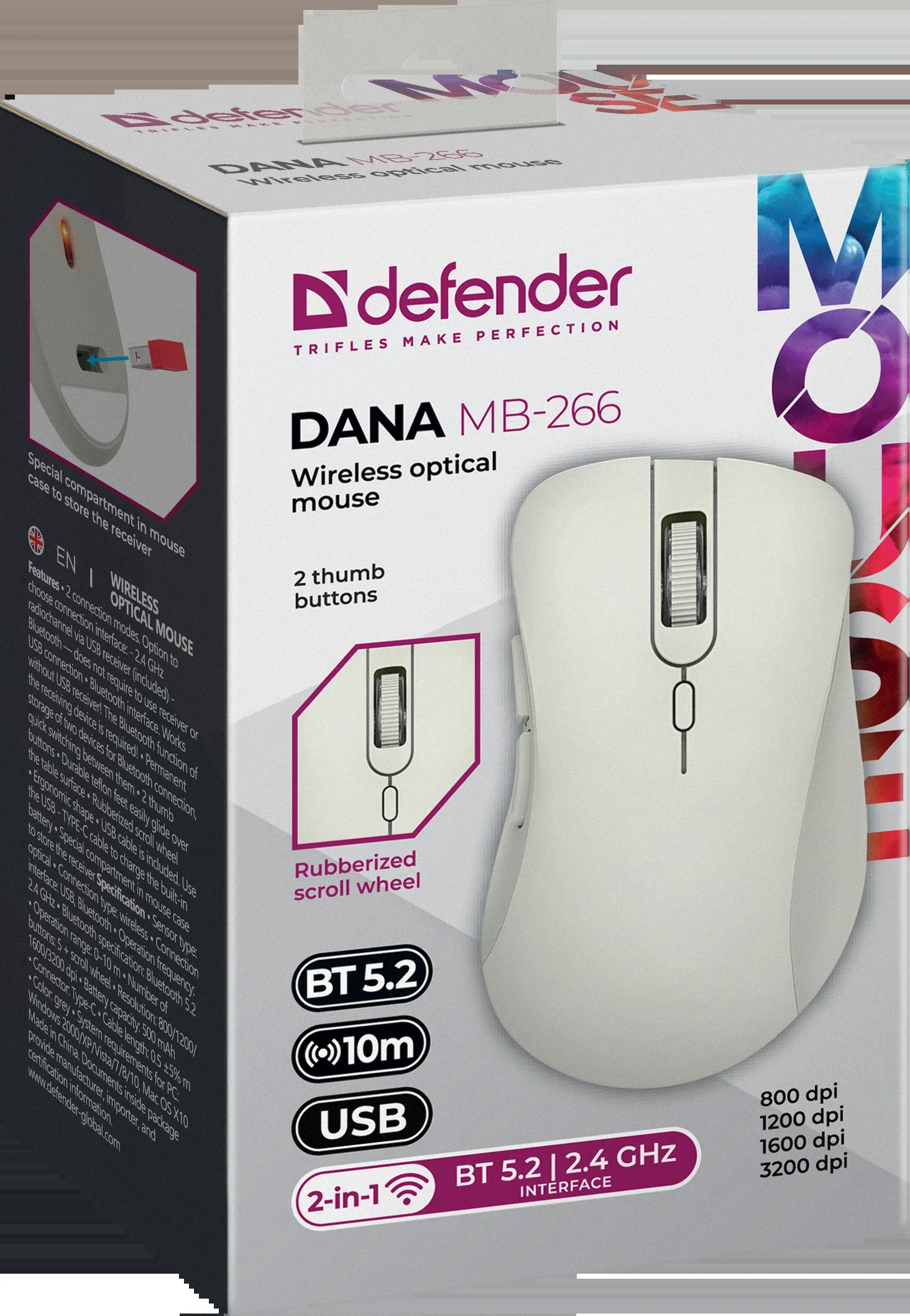 Мышь беспроводная Defender Dana MB-266 светло-серый, 3200 dpi, радиоканал, Bluetooth, USB, кнопки - 6