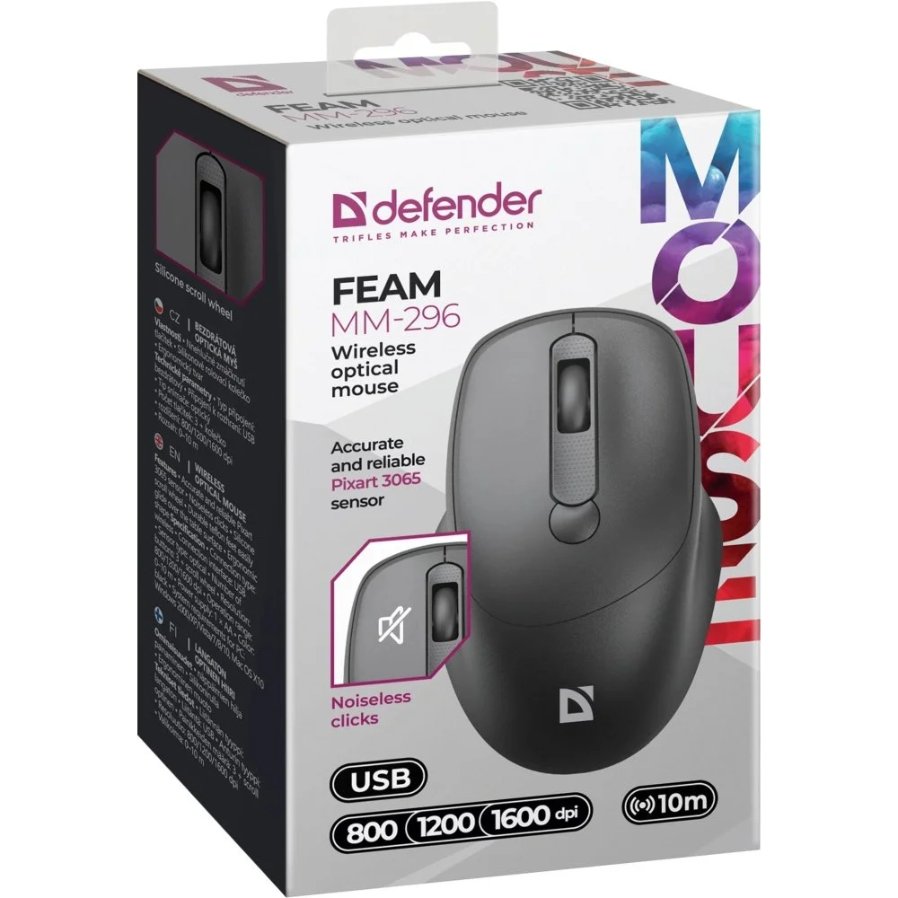 Мышь беспроводная Defender Feam MM-296 черный, 1600 dpi, радиоканал, USB, кнопки - 4