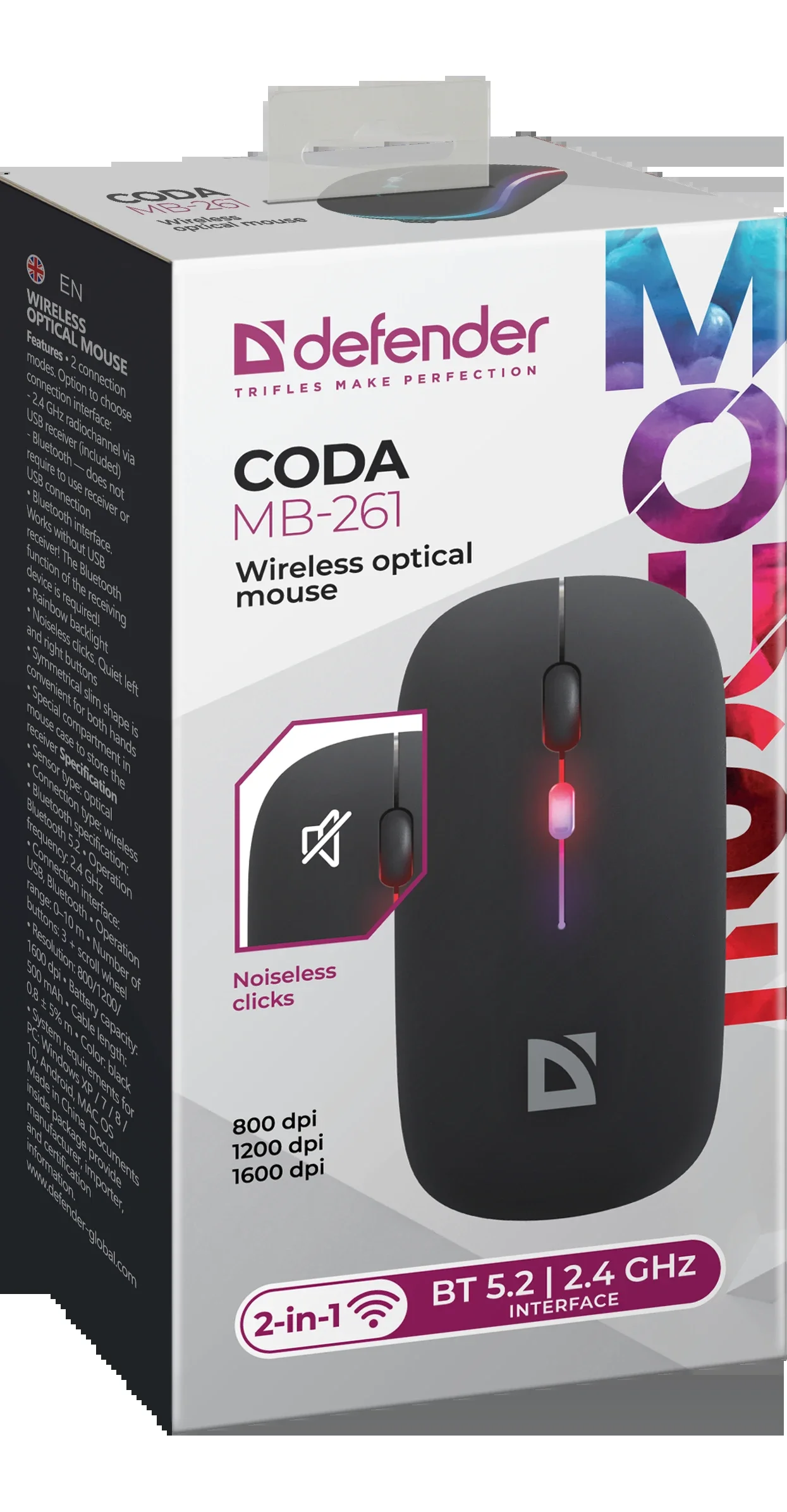 Мышь беспроводная Defender Touch MM-997 черный, 1600 dpi, радиоканал, Bluetooth, USB, кнопки - 4