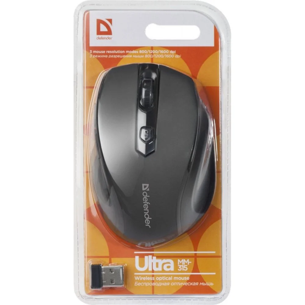 Мышь беспроводная Defender Ultra MM-315 черный, 1600 dpi, радиоканал, USB, кнопки - 6