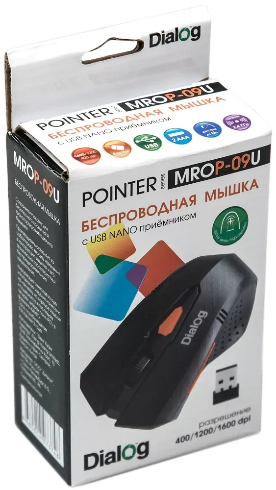 Мышь беспроводная Dialog Pointer MROP-09U черный, 1600 dpi, радиоканал, USB, кнопки - 6