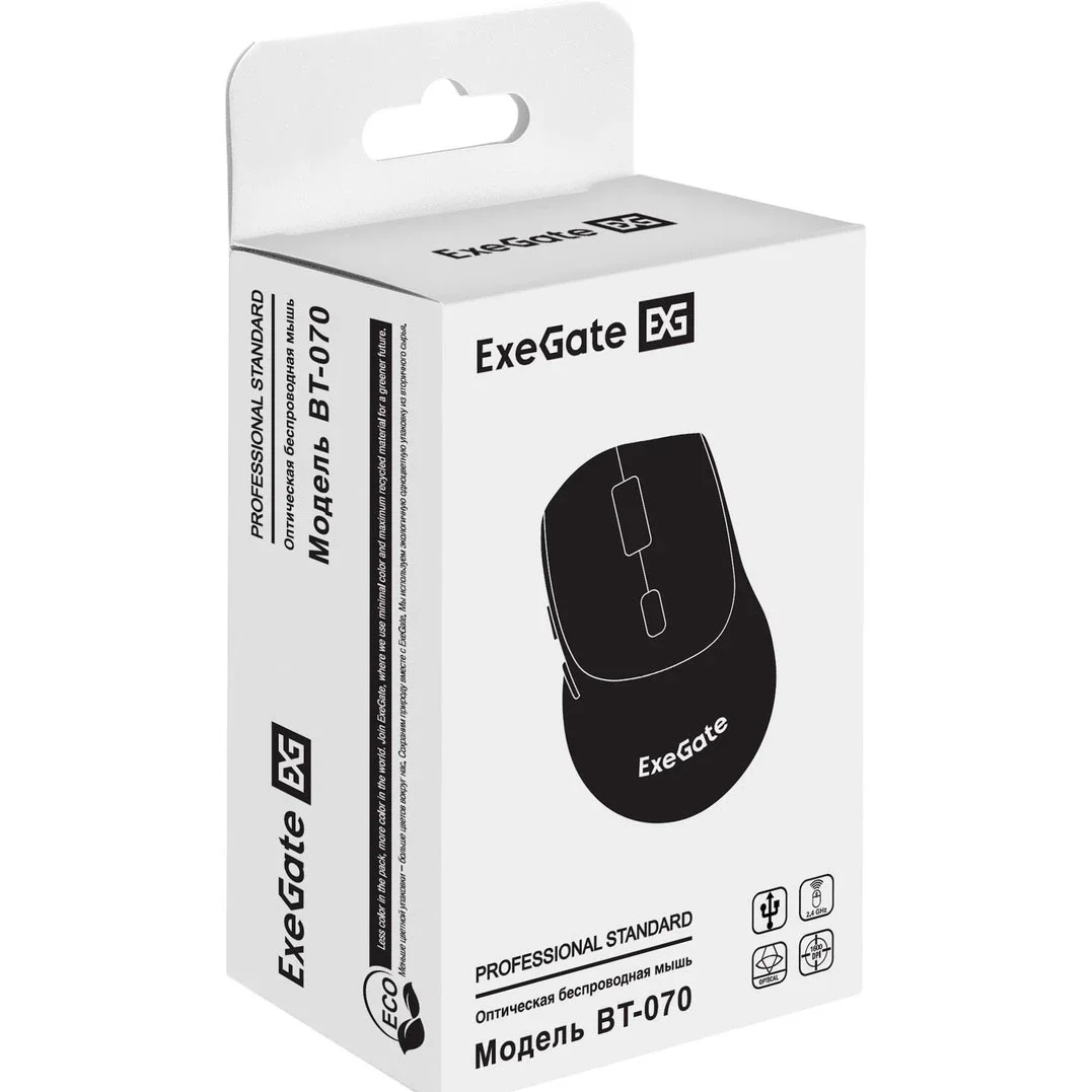 Мышь беспроводная ExeGate Professional Standard BT-070 черный, 1600 dpi, радиоканал, Bluetooth, USB, кнопки - 6