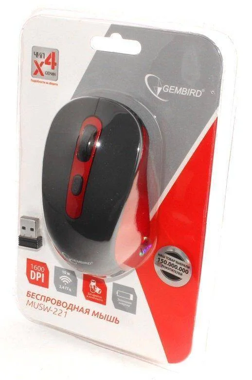 Мышь беспроводная Gembird MUSW-221-R черный/красный, 1600 dpi, радиоканал, USB, кнопки - 6