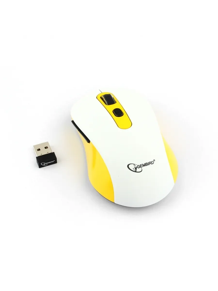 Мышь беспроводная Gembird MUSW-221-Y белый/желтый, 1600 dpi, радиоканал, USB, кнопки - 6
