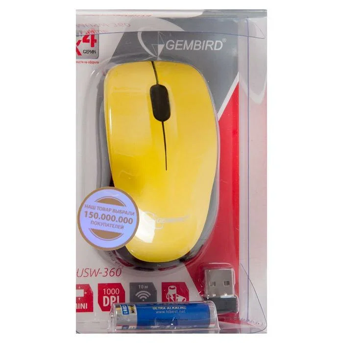 Мышь беспроводная Gembird MUSW-360-LM желтый, 1000 dpi, радиоканал, USB, кнопки - 3