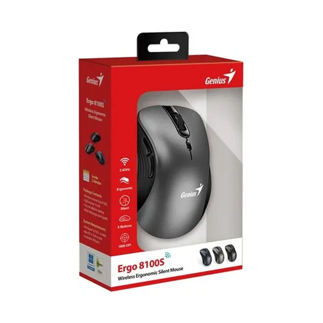 Мышь беспроводная Genius Ergo 8100S AI серебристо-серый, 1600 dpi, радиоканал, USB, кнопки - 6
