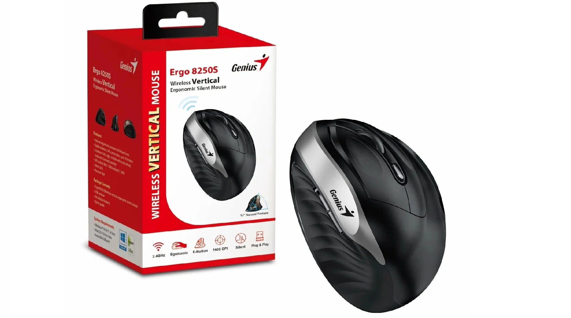 Мышь беспроводная Genius Ergo 8250S серебристый, 1600 dpi, радиоканал, USB, кнопки - 6