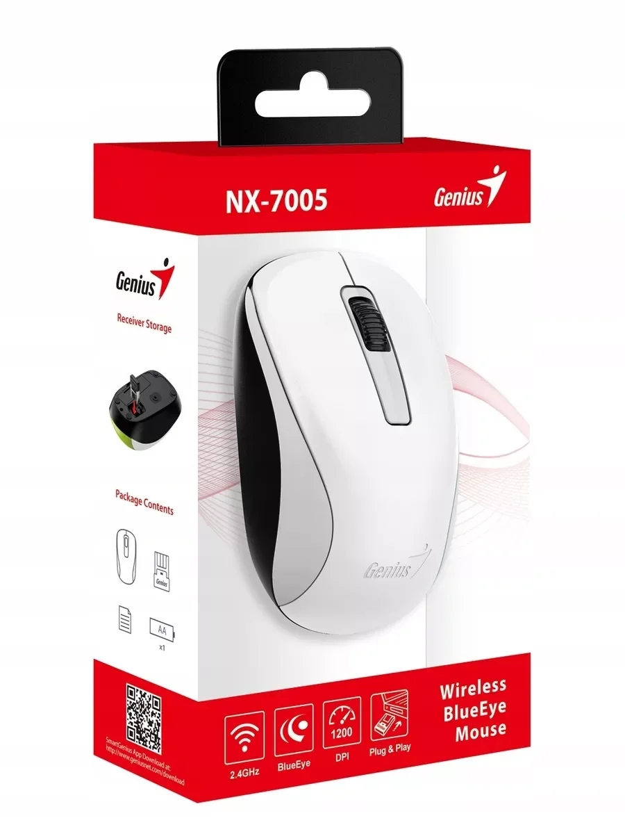 Мышь беспроводная Genius NX-7005 белый, 1200 dpi, радиоканал, USB, кнопки - 3