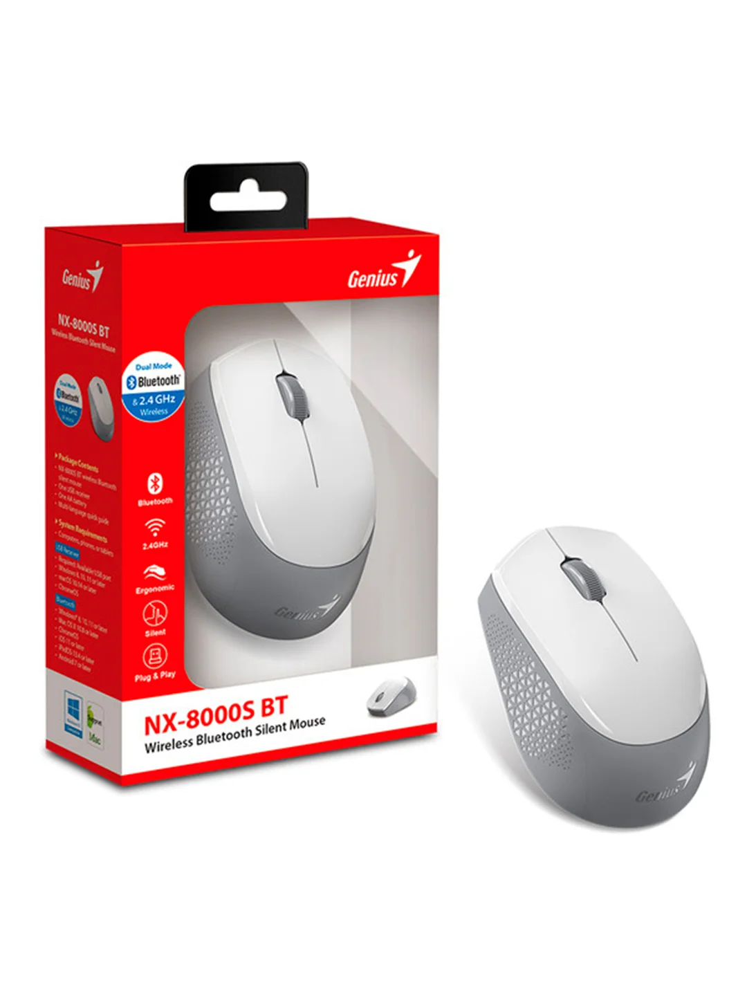 Мышь беспроводная Genius NX-8000S BT белый, 1200 dpi, радиоканал, Bluetooth, USB, кнопки - 3