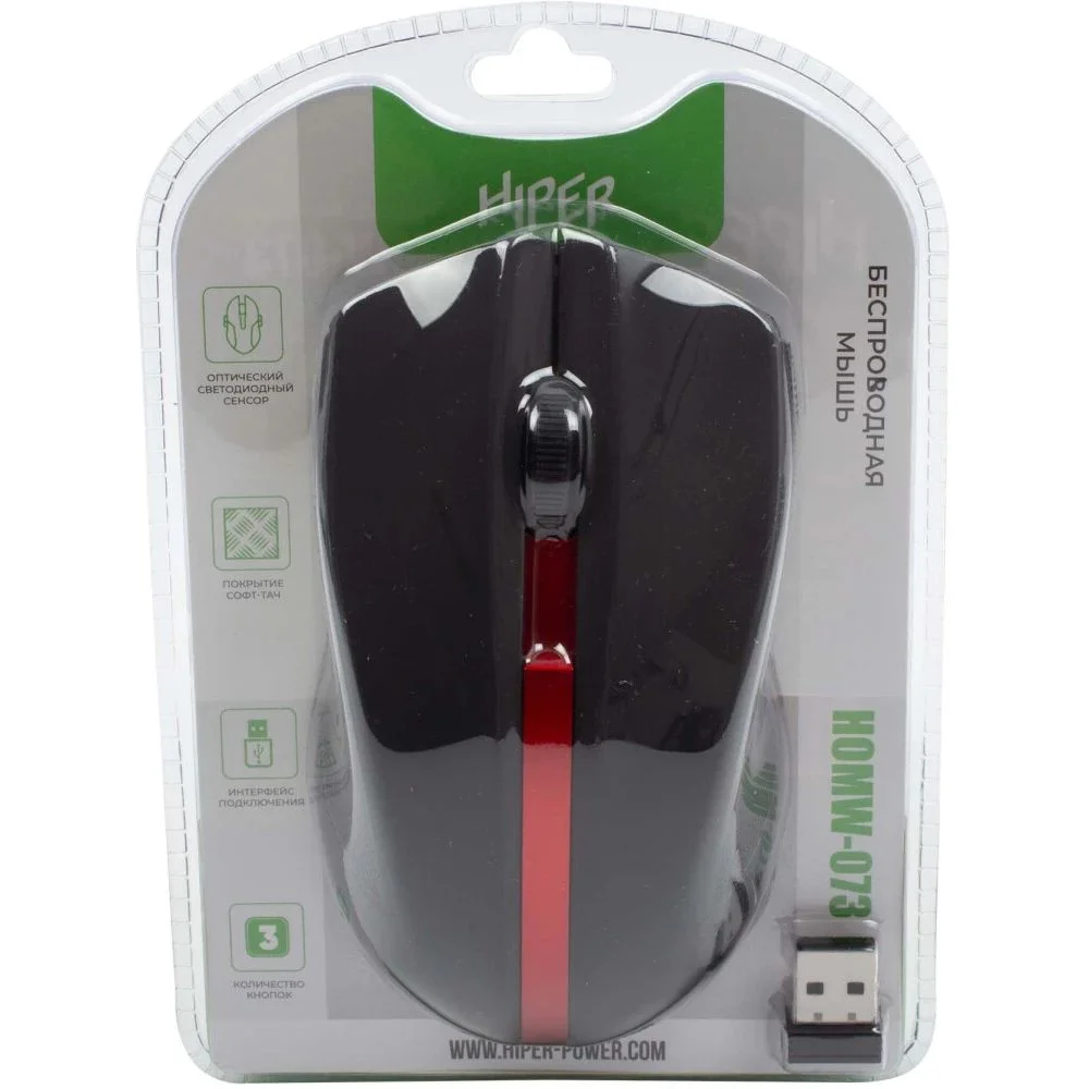 Мышь беспроводная HIPER HOMW-073 черный/красный, 1000 dpi, радиоканал, USB, кнопки - 3