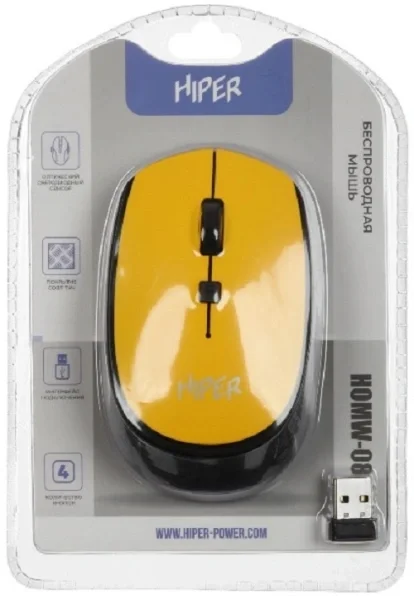 Мышь беспроводная HIPER HOMW-085 желтый, 1600 dpi, радиоканал, USB, кнопки - 4