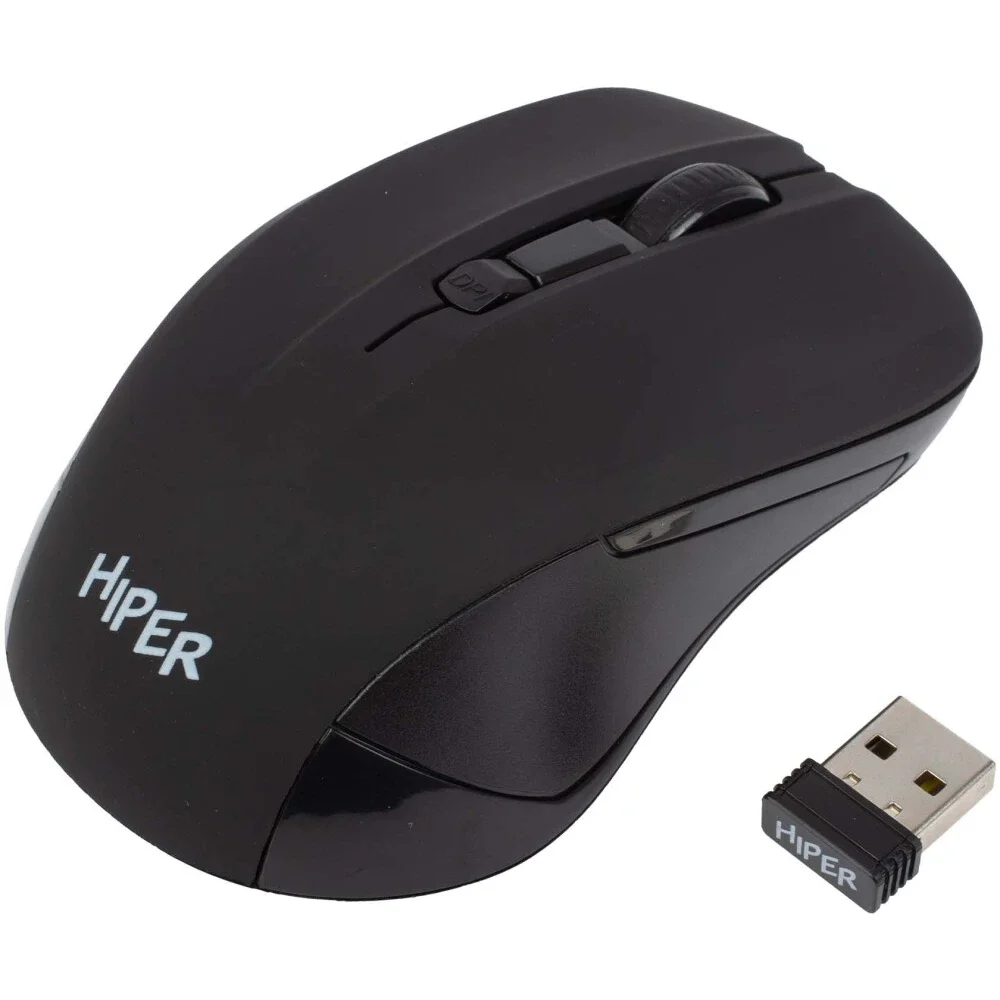 Мышь беспроводная HIPER HOMW-101, 1000-1600 dpi, оптический, 4 кнопки, Soft-touch покрытие, USB-приемник, 2,4 ГГц, батарея 1хАА, черный (HOMW-101)