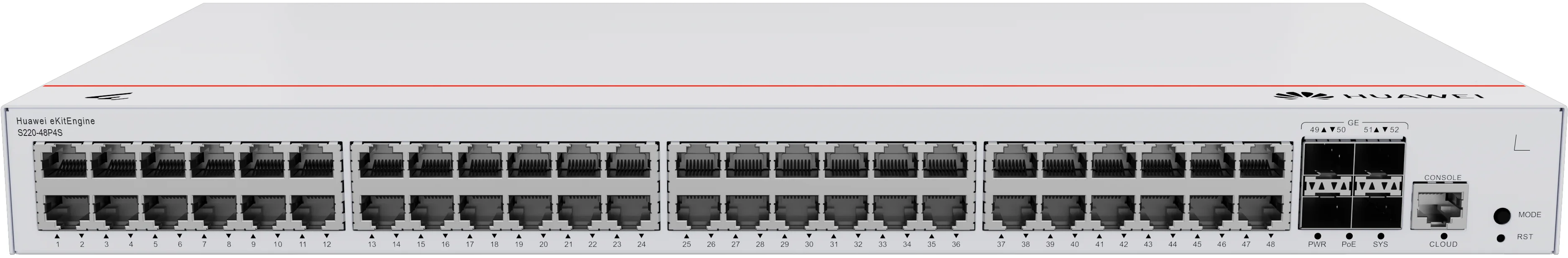 Коммутатор Huawei eKit S220-48P4S (L2, 48*10/100/1000BASE-T ports(380W PoE+), 4*GE SFP ports, built-in AC power)