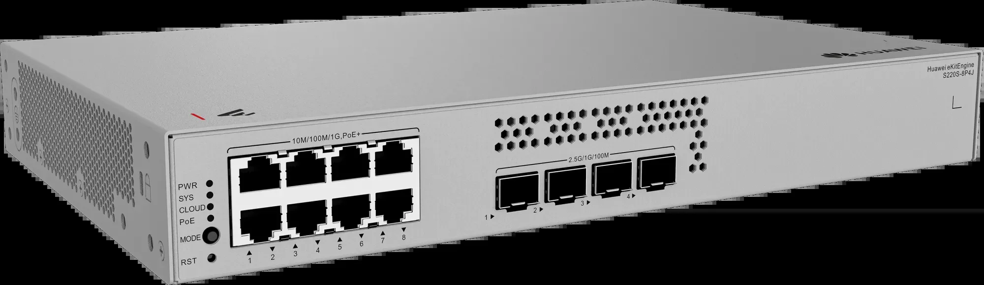 Коммутатор Huawei eKit S220S-8P4J (L2, 8*10/100/1000BASE-T ports (128 W PoE+), 4*2.5GE SFP ports, built-in AC power, Fanless)