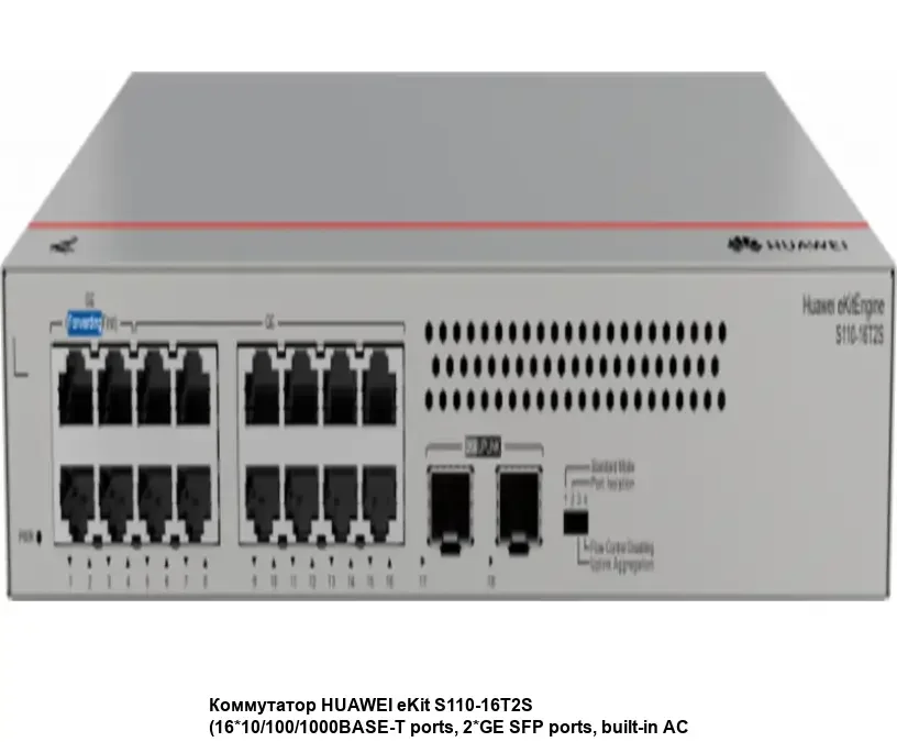 Коммутатор Huawei S110-16T2S (16*10/100/1000BASE-T ports, 2*GE SFP ports, built-in AC power, fanless)