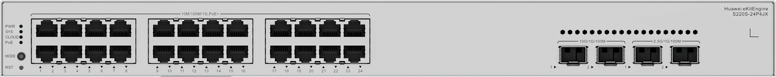 Коммутатор Huawei S310S-24P4J (L2+, 24*10/100/1000BASE-T ports (400 W PoE+), 4*2.5GE SFP ports, built-in AC power)