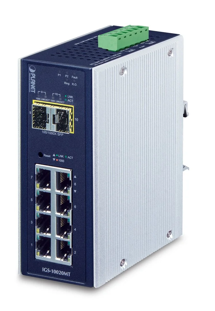 Коммутатор IGS-10020MT индустриальный управляемый коммутатор IP30 Industrial 8* 1000TP + 2* 100/1000F SFP Full Managed Ethernet Switch (-40 to 75 degr
